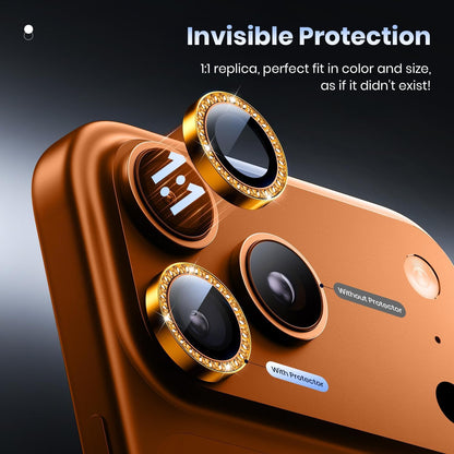 AIG Camera Lens Protector for iPhone 17 Pro/Pro Max –9H Tempered Glass with Diamond Metal Ring, Scratch Resistant, HD Clear (Orange Diamond)