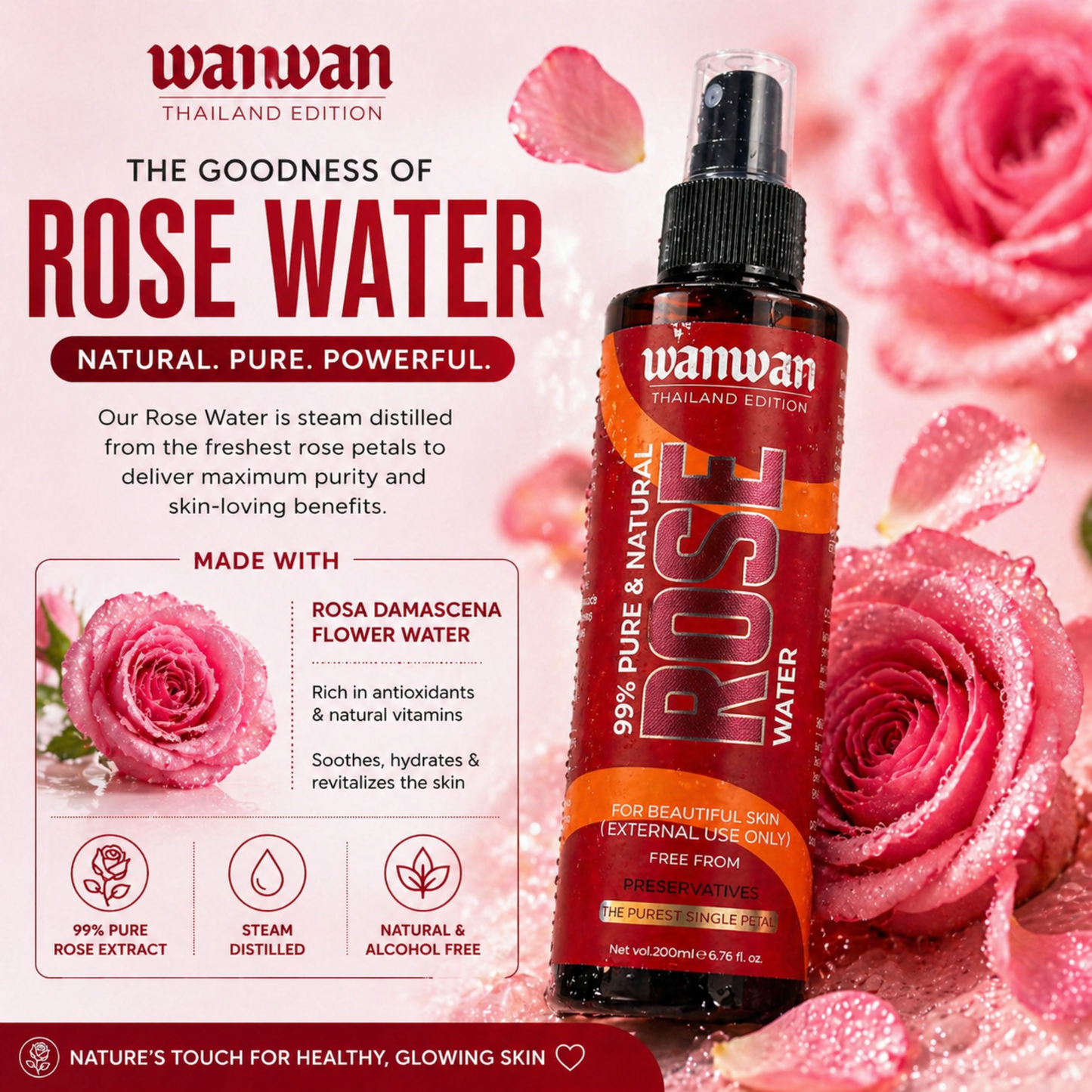 Wanwan 99% Pure & Natural Rose Water Spray 200ml | Face Toner, Facial Mist & Makeup Setting Spray | Hydrating, Refreshing & Skin Brightening | For All Skin Types | Preservative-Free Rose Water
