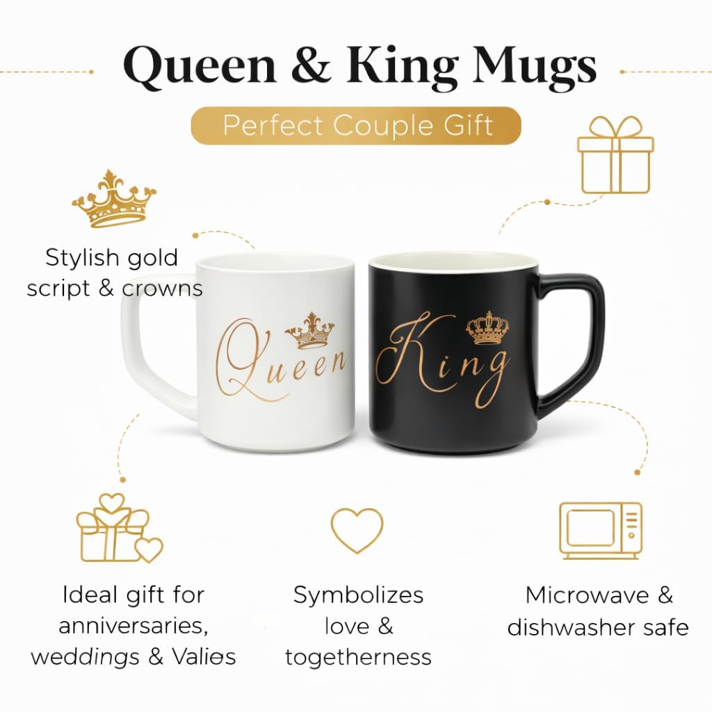 King & Queen Ceramic Coffee Mug Set – Premium Couple Tea & Coffee Cups for Husband & Wife | Romantic Gift for Anniversary, Wedding, Valentine & Birthday (Set of 2)