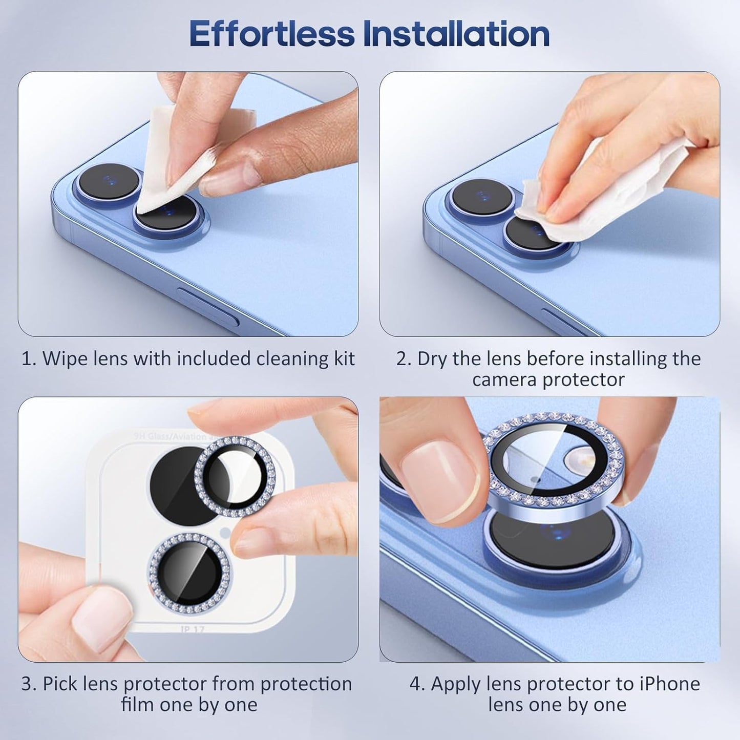 AIG Camera Lens Protector for iPhone 17 – Bling Diamond Metal Ring, 9H Tempered Glass (Blue Diamond, Scratch-Proof, Case Friendly)