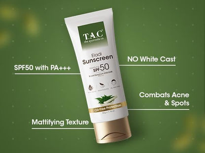 T.A.C Eladi Sunscreen SPF 50 PA+++, Mattifying, Broad Spectrum UVA/UVB, Oil-Free, No White Cast, 50g
