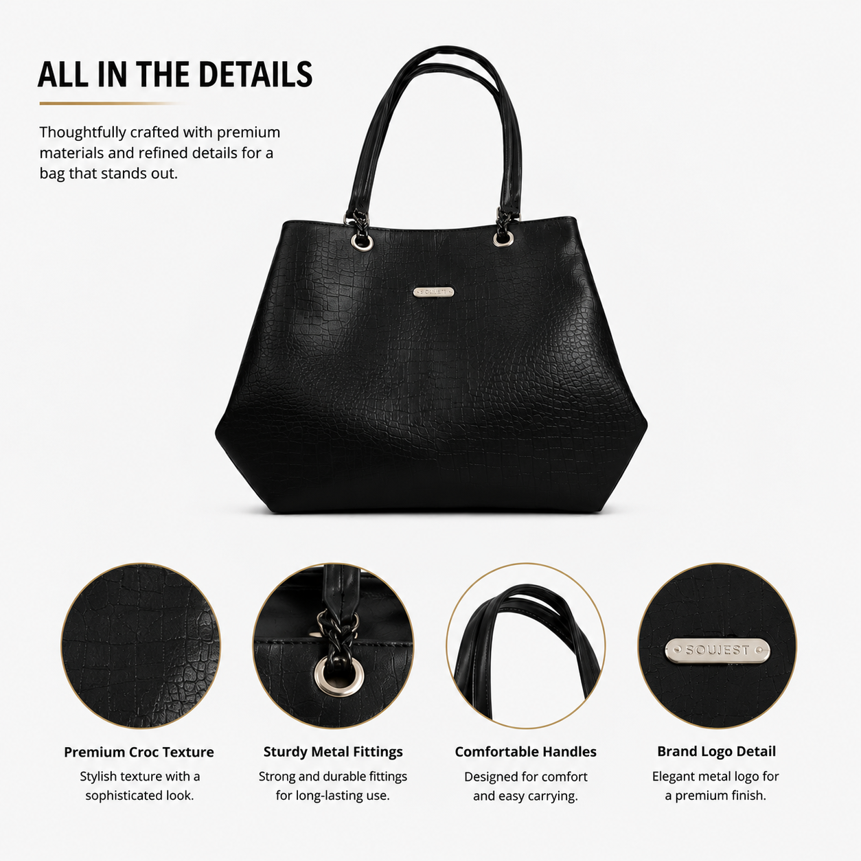 Women's Premium Leatherette Tote Handbag – Large Shoulder Bag with Spacious Compartments | Stylish Office, College, Travel & Everyday Purse (Black)
