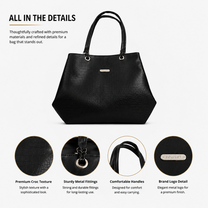Women's Premium Leatherette Tote Handbag – Large Shoulder Bag with Spacious Compartments | Stylish Office, College, Travel & Everyday Purse (Black)