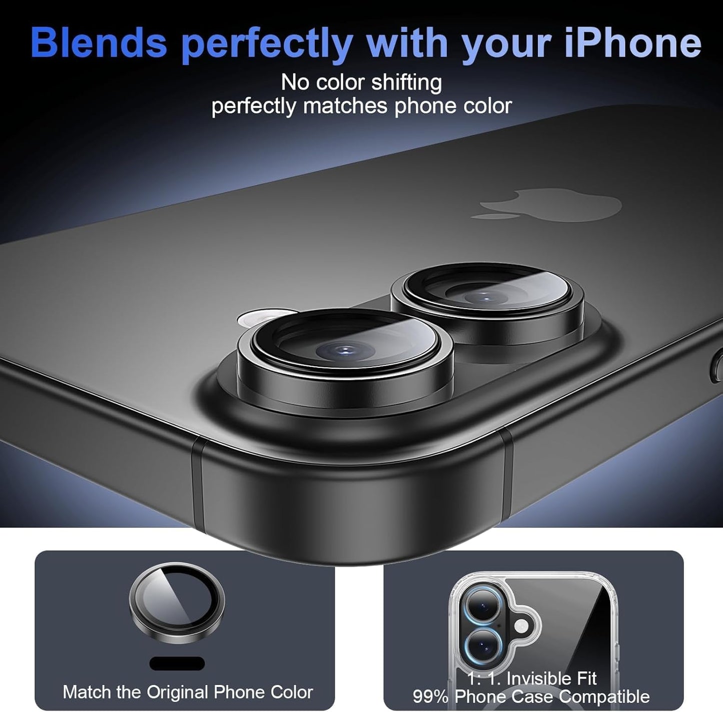 AIG Camera Lens Protector for iPhone 17 – 9H Tempered Glass, Metal Ring, HD Clear, Anti-Scratch, Case Friendly – Black