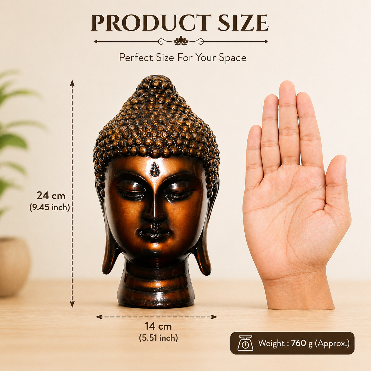 Handcrafted Brass Buddha Head Idol, Bronze Finish, Meditation Décor Statue for Home, Office, Yoga Studio