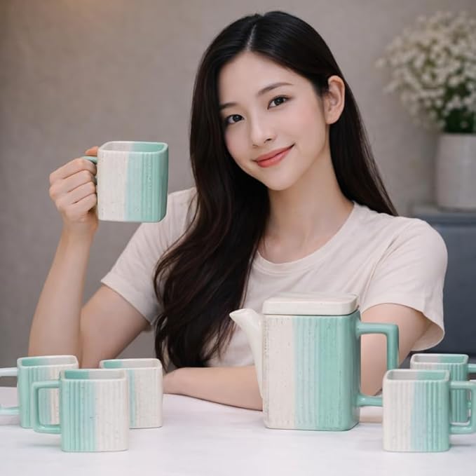 Ceramic Tea Set with Kettle and 6 Square Shape Tea Cup Set with Teapot Stylish Drinkware Set for Tea Coffee Serving Home Kitchen Dining Table Gift Set | Blue
