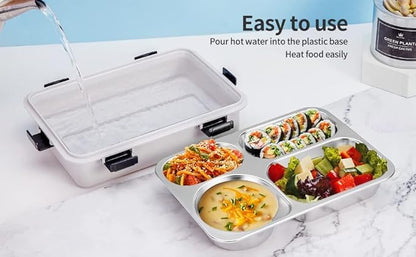 Stainless Steel Lunch Box with 4 Compartments, BPA-Free | Leakproof Silicone Seal, Includes Spoon & Chopsticks, Transparent Locking Lid, Food-Grade 304 Steel, Secure Locking Clips