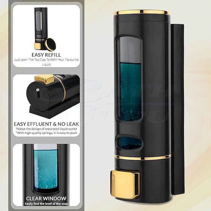 Liquid Soap Dispenser, Wall Mounted, 400ml, Black with Gold Accents, ABS Plastic, Refillable (Black)