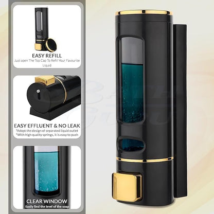 Liquid Soap Dispenser, Wall Mounted, 400ml, Black with Gold Accents, ABS Plastic, Refillable (Black)