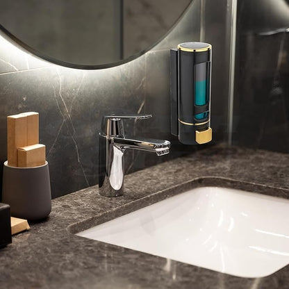 Liquid Soap Dispenser, Wall Mounted, 400ml, Black with Gold Accents, ABS Plastic, Refillable (Black)