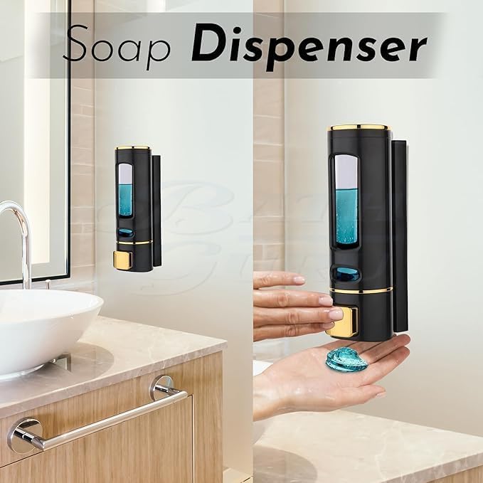 Liquid Soap Dispenser, Wall Mounted, 400ml, Black with Gold Accents, ABS Plastic, Refillable (Black)