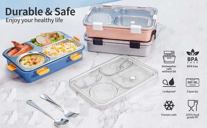 Stainless Steel Lunch Box with 4 Compartments, BPA-Free | Leakproof Silicone Seal, Includes Spoon & Chopsticks, Transparent Locking Lid, Food-Grade 304 Steel, Secure Locking Clips