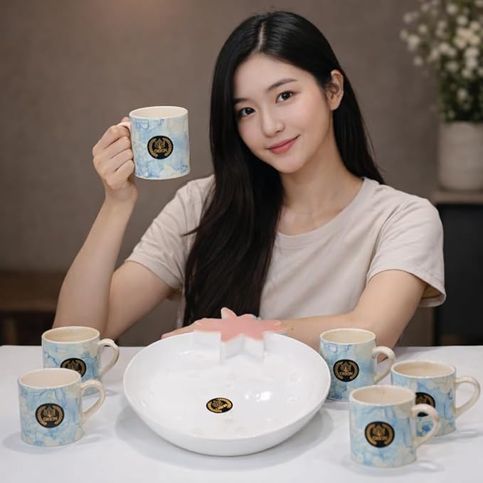 Elegant Two Tone Ceramic Tea Cup Set with Serving Platter | 6 Tea Cups with Tray | Premium Drinkware Set for Tea Coffee Serving | Stylish Cup Set for Home Kitchen Dining & Gifting |Blue