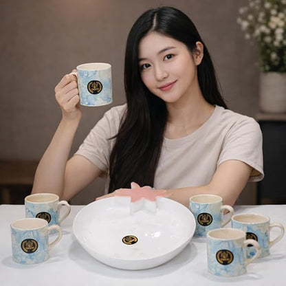 Elegant Two Tone Ceramic Tea Cup Set with Serving Platter | 6 Tea Cups with Tray | Premium Drinkware Set for Tea Coffee Serving | Stylish Cup Set for Home Kitchen Dining & Gifting |Blue