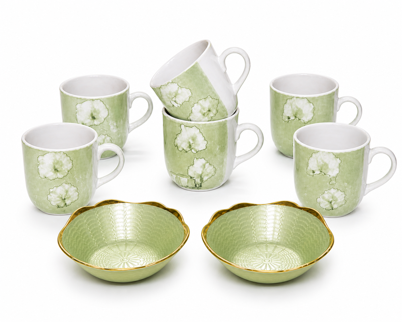 Ceramic Tea Mug & Bowl Gift Set (6 Tea Mugs + 2 Ceramic Bowls) Premium Quality Tea Cup Set for Home Kitchen Office Stylish Tea Coffee Serving Set with Gift Box | Green