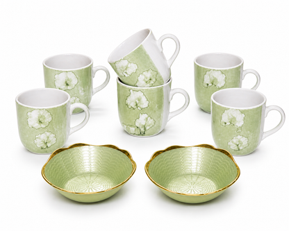 Ceramic Tea Mug & Bowl Gift Set (6 Tea Mugs + 2 Ceramic Bowls) Premium Quality Tea Cup Set for Home Kitchen Office Stylish Tea Coffee Serving Set with Gift Box | Green