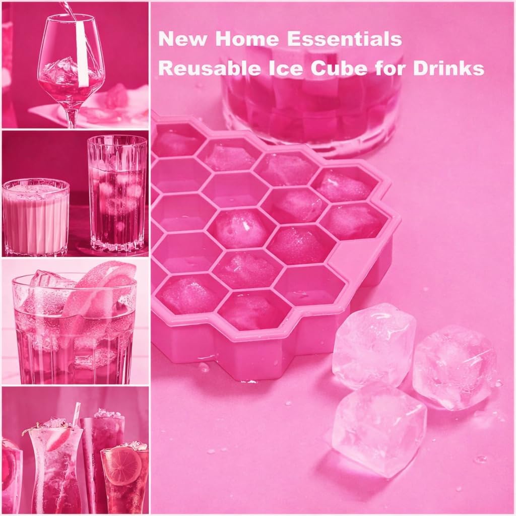 AIG Silicone Ice Cube Trays with Lids – 4 Pack Easy-Release Hexagon Ice Maker for Freezer, Reusable Food-Grade Ice Molds for Cocktail Bar, Whiskey, Iced Coffee & Home Kitchen (Pink)
