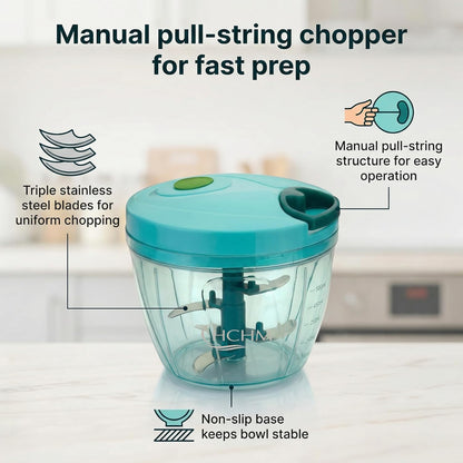 Manual Pull Cord Vegetable Chopper 900ml | Multipurpose Food Chopper with Stainless Steel Blades | Onion, Garlic, Vegetable, Fruit & Nut Cutter | BPA-Free Kitchen Chopper