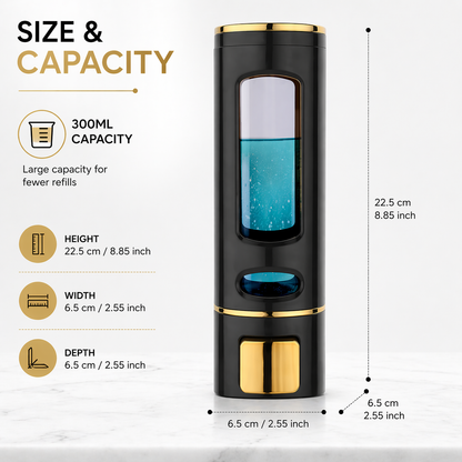 Wall-Mounted Liquid Soap Dispenser, Black and Gold Finish, Push Button, for Bathroom and Kitchen