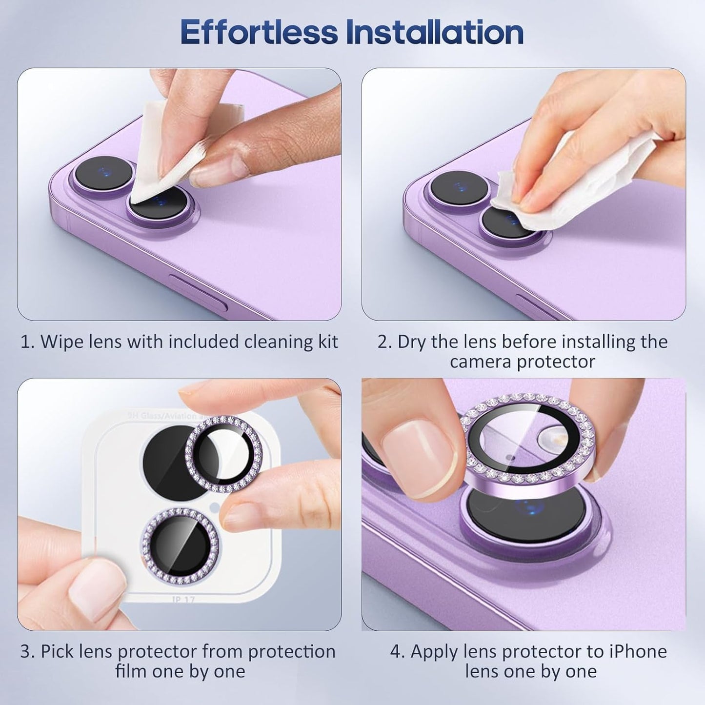 AIG Camera Lens Protector for iPhone 17 – Bling Diamond Metal Ring, 9H Tempered Glass (Purple Diamond, Scratch-Proof, Case Friendly)