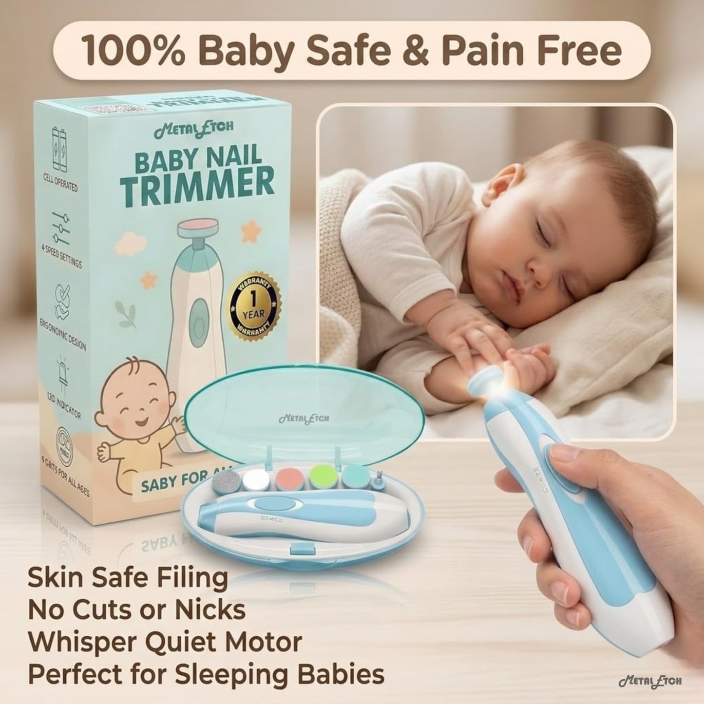 Baby Electric Nail Trimmer for New Born 0-12 Months | Baby Nail Cutter with LED Light & 6 Filer Heads | Safe Infant Nail File & Toddler Nail Clipper | Manicure Set for Infants | Newborn Essentials | 1 Year Warranty (Baby Blue)
