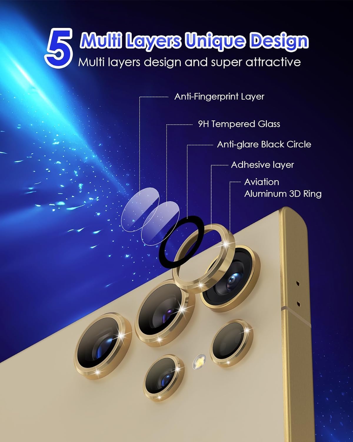 AIG Camera Lens Protector for Samsung Galaxy S24 Ultra/S23 Ultra – 9H Glass with Metal Rings (Gold)