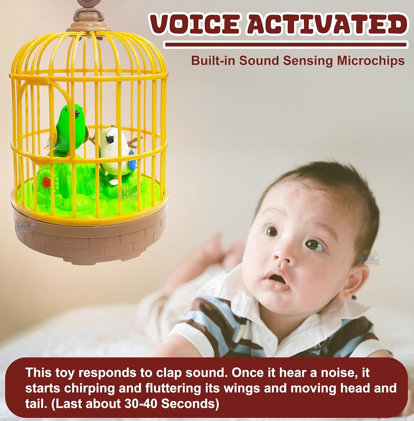 AIG Sound-Activated Chirping Bird Toy in Hanging Cage – LED, Flapping Wings & Moving Beak for Kids (Design 2)
