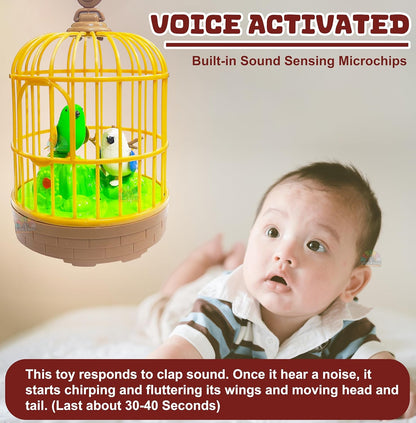 AIG Sound-Activated Chirping Bird Toy in Hanging Cage – LED, Flapping Wings & Moving Beak for Kids (Design 2)