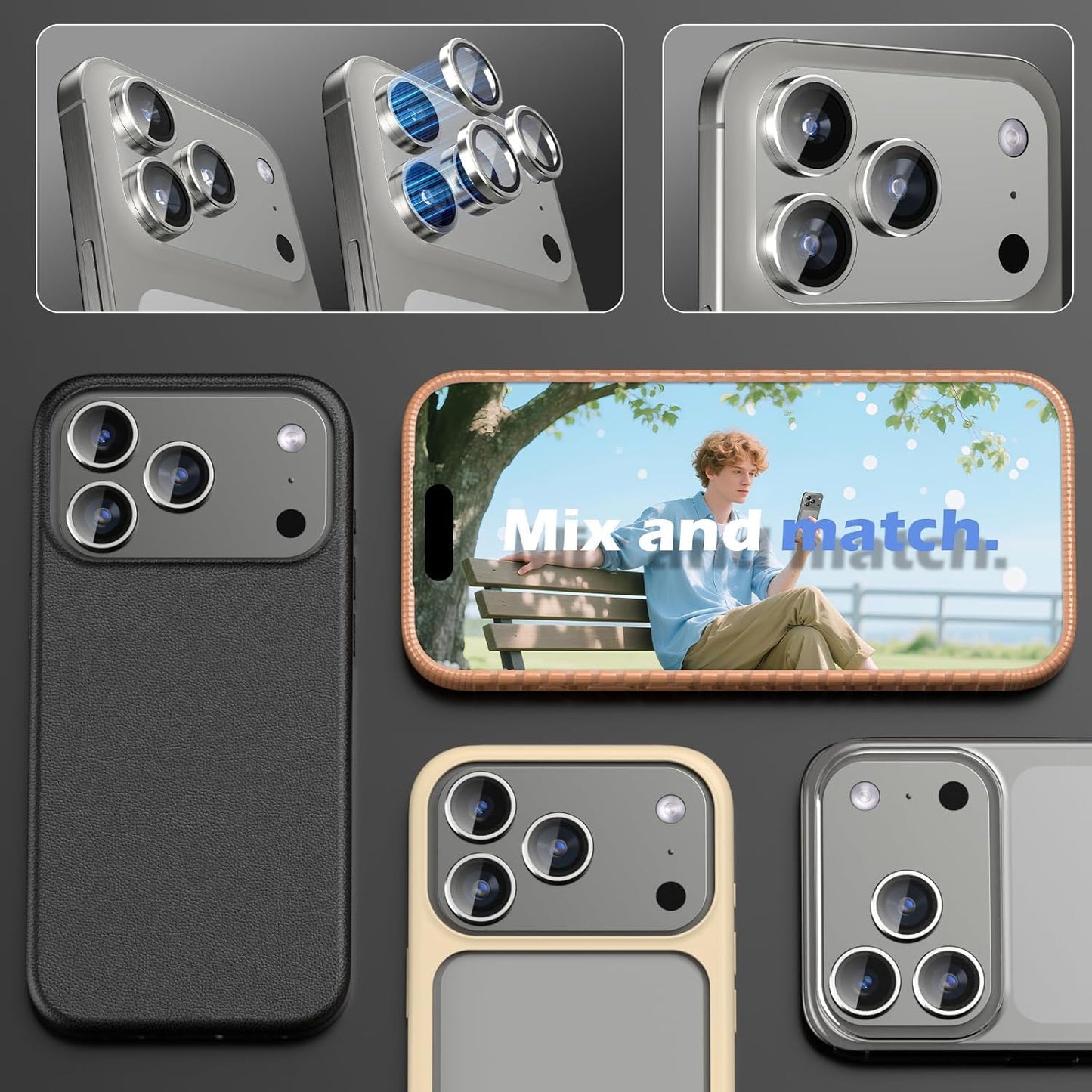 AIG Camera Lens Protector for iPhone 17 Pro/Pro Max –9H Tempered Glass with Metal Ring, Scratch Resistant, HD Clear (Titanium Grey)