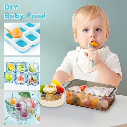 Silicone Ice Cube Tray with Lid, 2 Pack (Green & Blue), 28 Cubes, Easy Release & Stackable