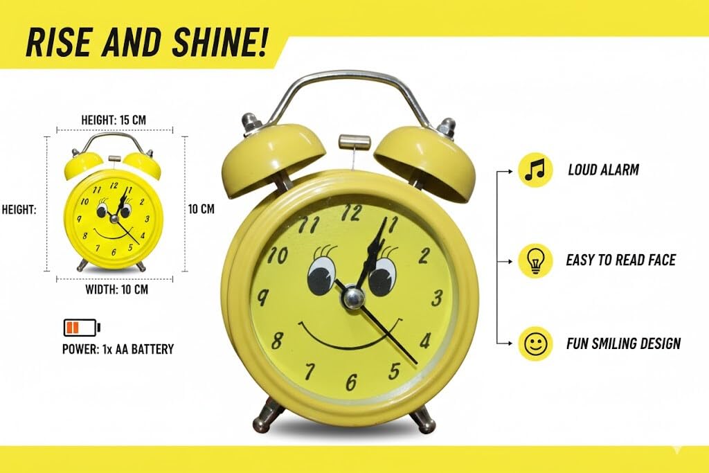 Retro Twin Bell Alarm Clock with Smiley Dial | Loud Alarm, Metal Body, Analog Display, Battery Operated | Bedside/Table Clock for Kids & Adults (Yellow)