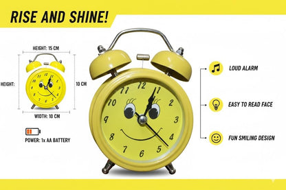 Retro Twin Bell Alarm Clock with Smiley Dial | Loud Alarm, Metal Body, Analog Display, Battery Operated | Bedside/Table Clock for Kids & Adults (Yellow)