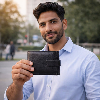 Men's Premium Leather Wallet – Slim Bifold Wallet with Multiple Card Slots, Cash Compartments & ID Window | RFID Blocking Wallet for Daily Use & Gift (Black)
