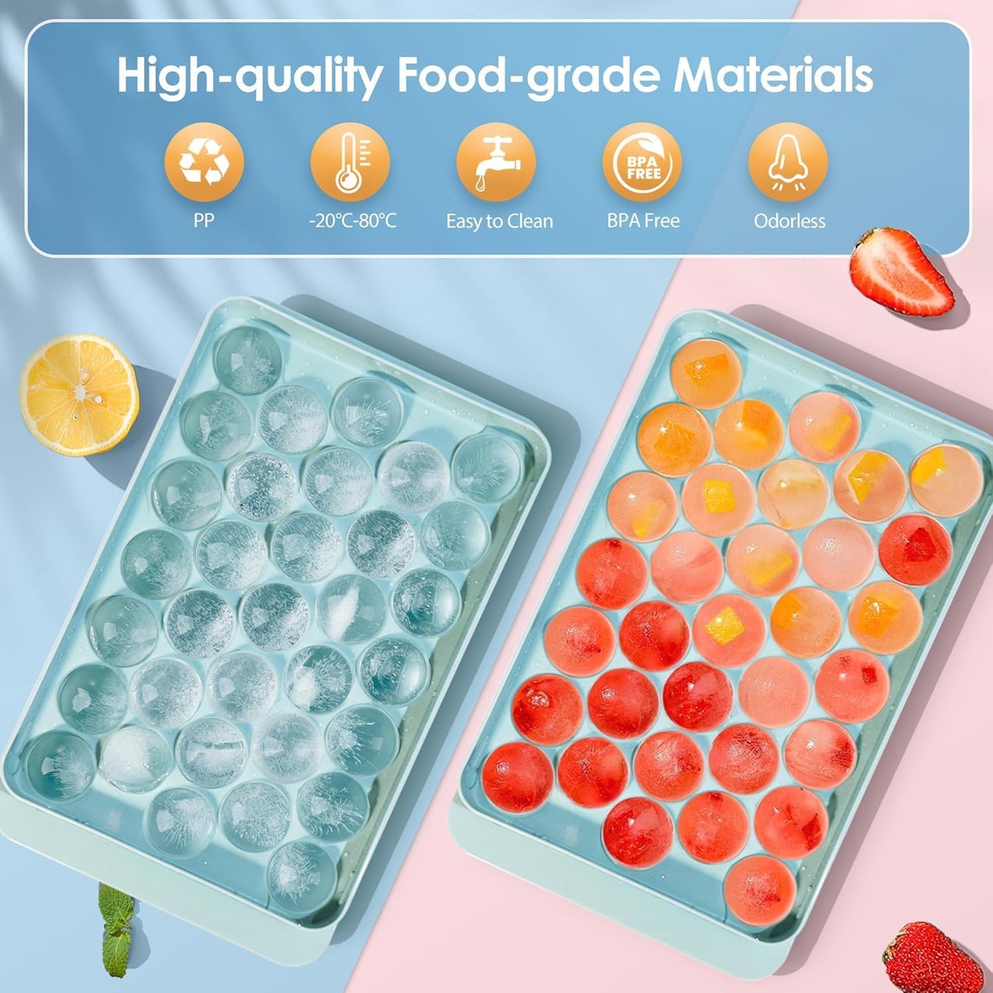 AIG 2 Pack Plastic Ice Cube Tray for Freezer with Lid, 2" X33 Round Ice Cube Mold, Small Circle Ice Cube Tray Making Sphere Ice Chilling Cocktail Tea Coffee (Blue +Pink)