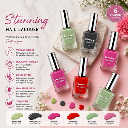 Stunning Nail Lacquer Set of 6 Multicolor Nail Polish Combo Pack 10ml Each Long Lasting Glossy Finish for Women & Girls