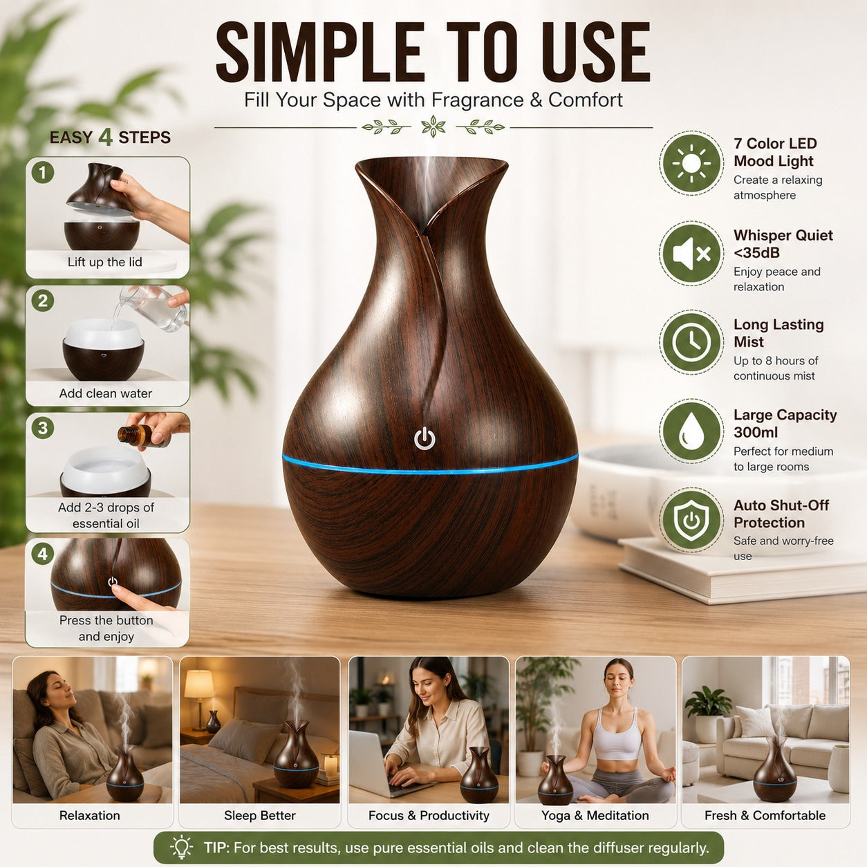 Aroma Diffuser Humidifier for Room & Home | Wood Grain Essential Oil Diffuser | Ultrasonic Cool Mist Air Humidifier for Bedroom | 3 Colour LED Light | Touch Control | Auto Shut-Off | 200ml