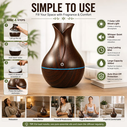 Aroma Diffuser Humidifier for Room & Home | Wood Grain Essential Oil Diffuser | Ultrasonic Cool Mist Air Humidifier for Bedroom | 3 Colour LED Light | Touch Control | Auto Shut-Off | 200ml