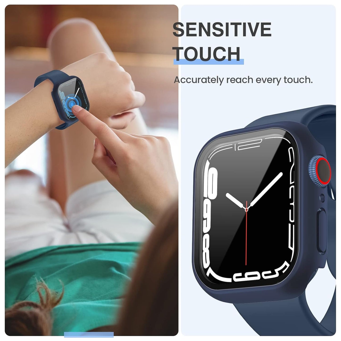 AIG [3PCS] Apple Watch Screen Protector Case 45mm for Series 9/8/7 – Tempered Glass Protective Face Cover with Hard Bumper – Full Coverage iWatch Accessories for Women & Men (Clear+Black+Blue)