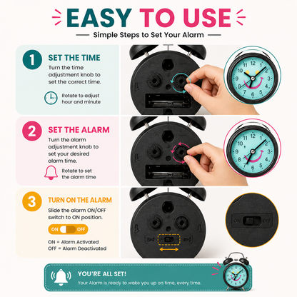 Retro Twin Bell Alarm Clock with Smiley Dial | Loud Alarm, Metal Body, Analog Display, Battery Operated | Bedside/Table Clock for Kids & Adults
