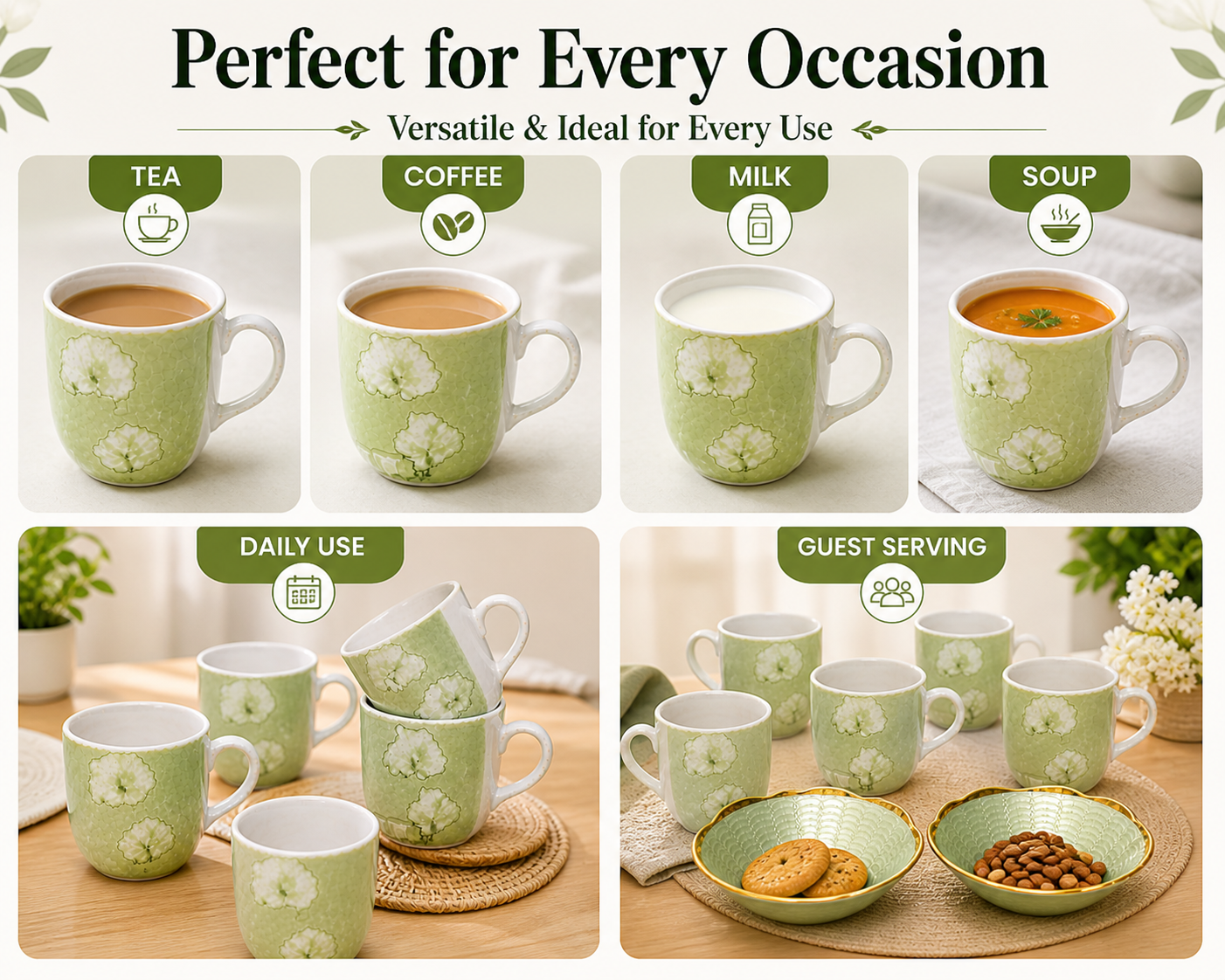 Ceramic Tea Cup & Snack Bowl Set – 6 Coffee Mugs with 2 Serving Bowls | Premium Floral Design Tea & Coffee Mug Set for Home, Office & Gifting