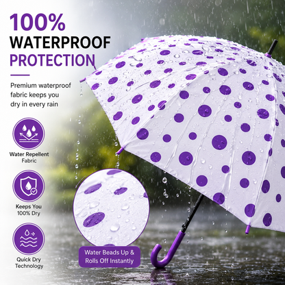Premium Transparent Polka Dot Umbrella – Waterproof Windproof Long Stick Umbrella with Curved Handle for Men & Women | Large Canopy Rain Umbrella (White & Purple)