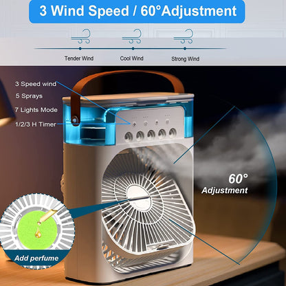 Portable Humidifier Air Cooler Fan Mini Cooler For Home With 3 Speed Mode, Mist Fan With Water Spray, 7 Color Led And Timer,(Usb Powered Mini Ac, Black)