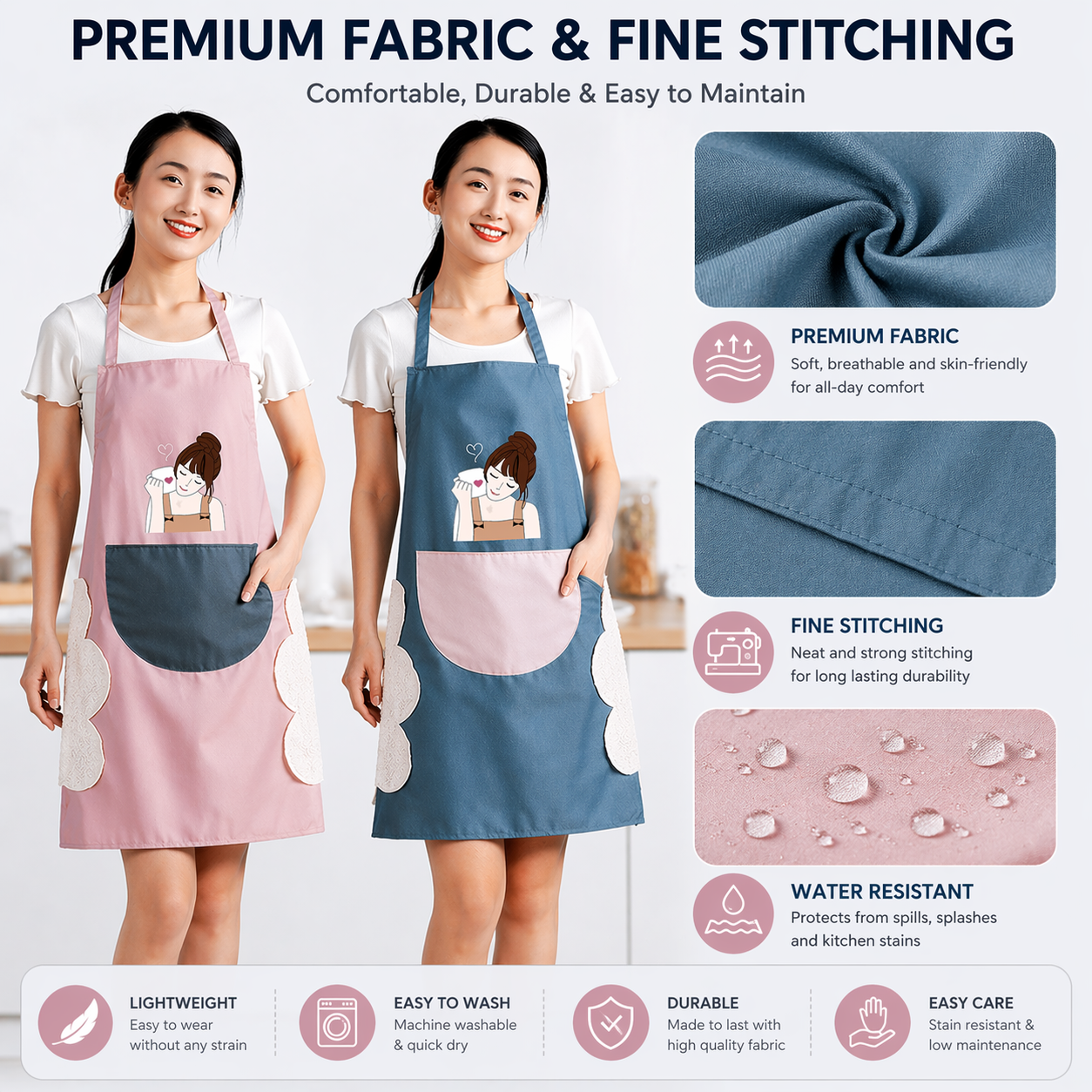 Stylish Waterproof Kitchen Apron for Women with Front Pocket & Cute Print
