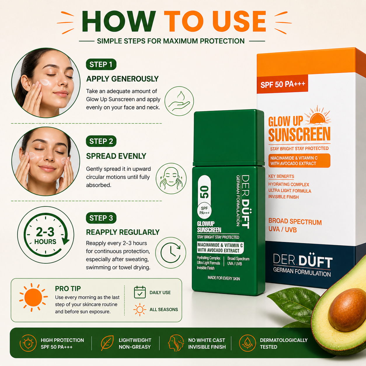 Der Düft Glow Up Sunscreen SPF 50 PA+++, Broad Spectrum UVA/UVB, with Niacinamide, Vitamin C and Avocado Extract, Invisible Finish