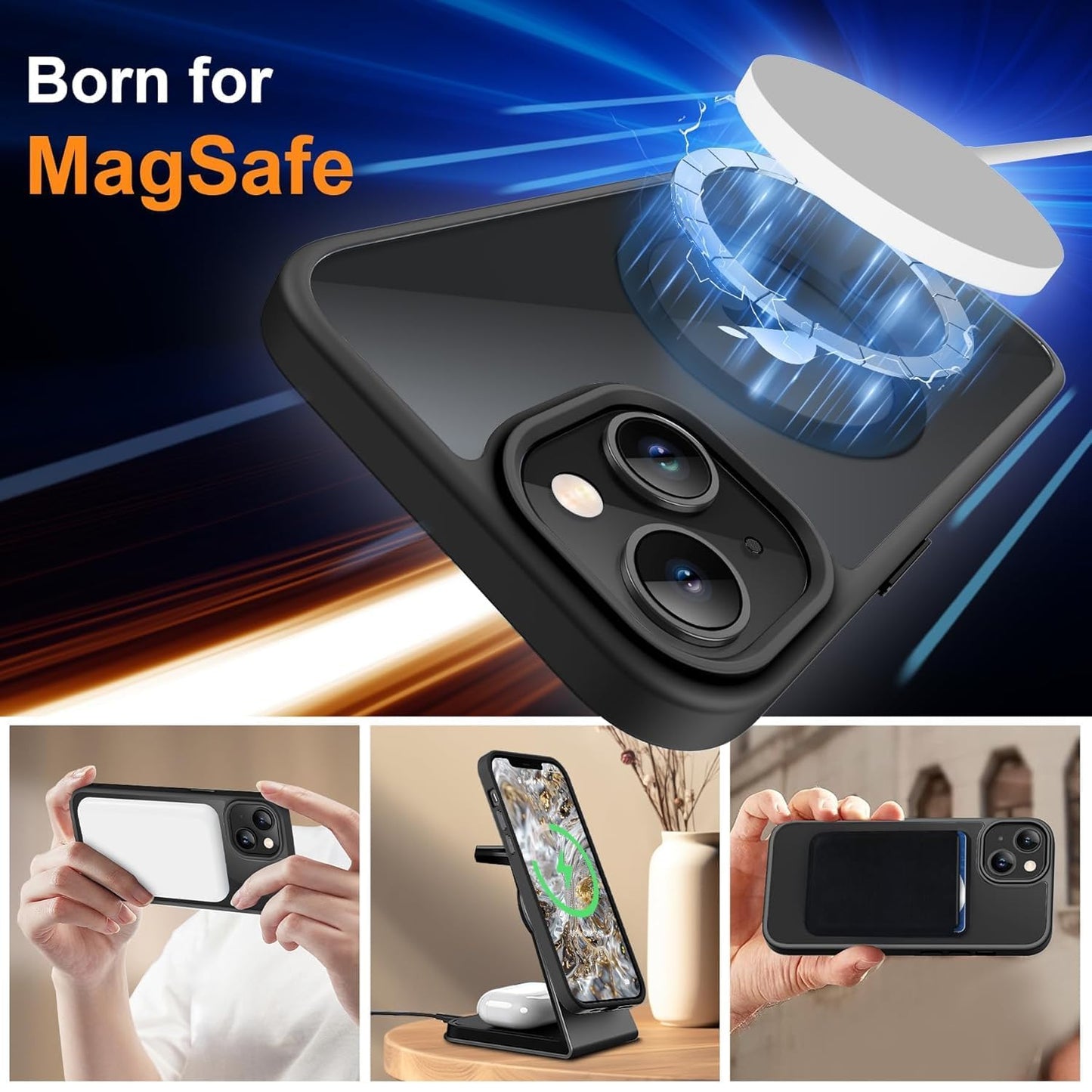 AIG Magnetic Case for iPhone 15 Plus / 14 Plus – Clear Back Black Frame