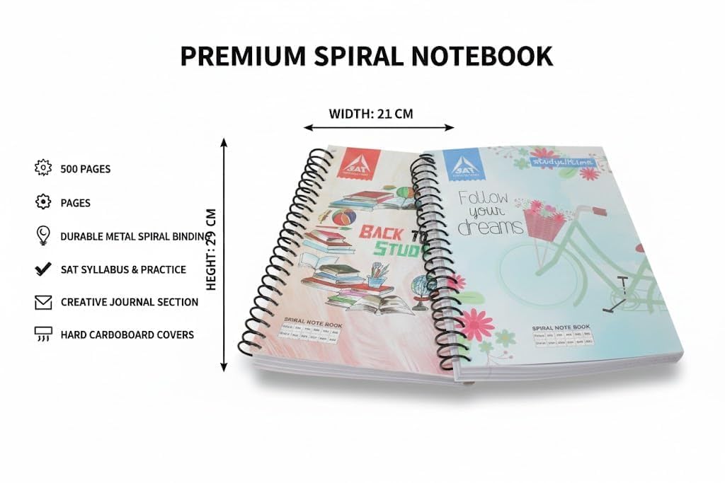 SAT Study Time Spiral Notebook – Premium Spiral Bound Notebook for School, College & Office | Smooth Writing Journal for Students (200 Pages)
