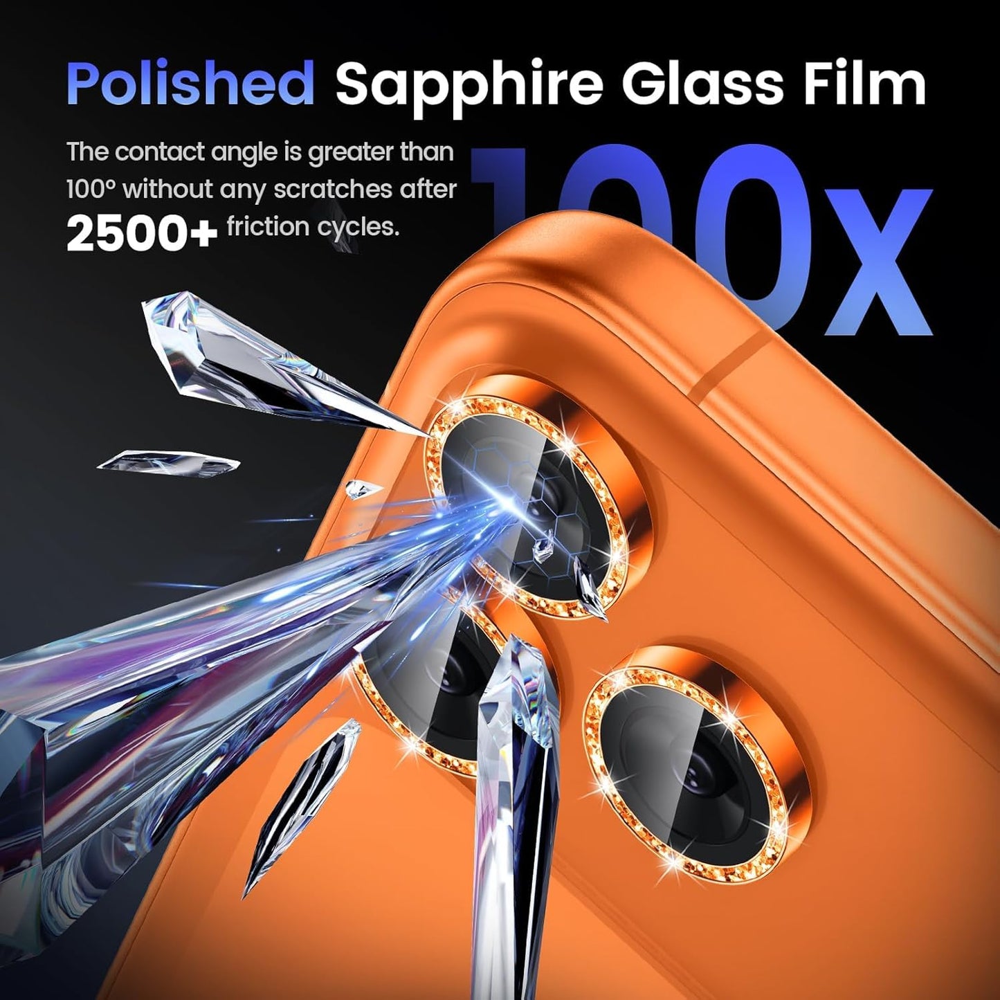 AIG Camera Lens Protector for iPhone 17 Pro/Pro Max –9H Tempered Glass with Glitter Metal Ring, Scratch Resistant, HD Clear (Orange Glitter)