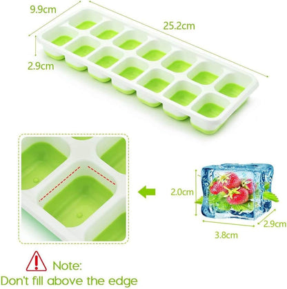 Silicone Ice Cube Tray with Lid – 14 Cavity Easy Release Ice Maker for Freezer, Stackable & Reusable Ice Moulds for Whiskey, Cocktails & Beverages (2 Pack, Green & Blue)