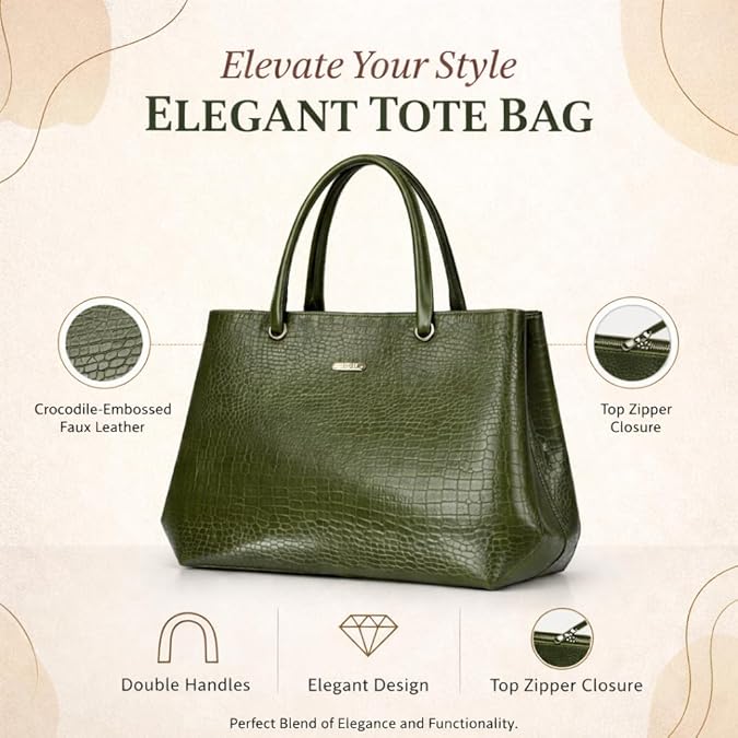 Women's Tote Handbag, Olive Green, Faux Leather, Crocodile Embossed, Spacious with Zipper Compartment, Office and Travel Bag