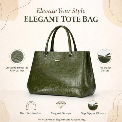 Women's Tote Handbag, Olive Green, Faux Leather, Crocodile Embossed, Spacious with Zipper Compartment, Office and Travel Bag